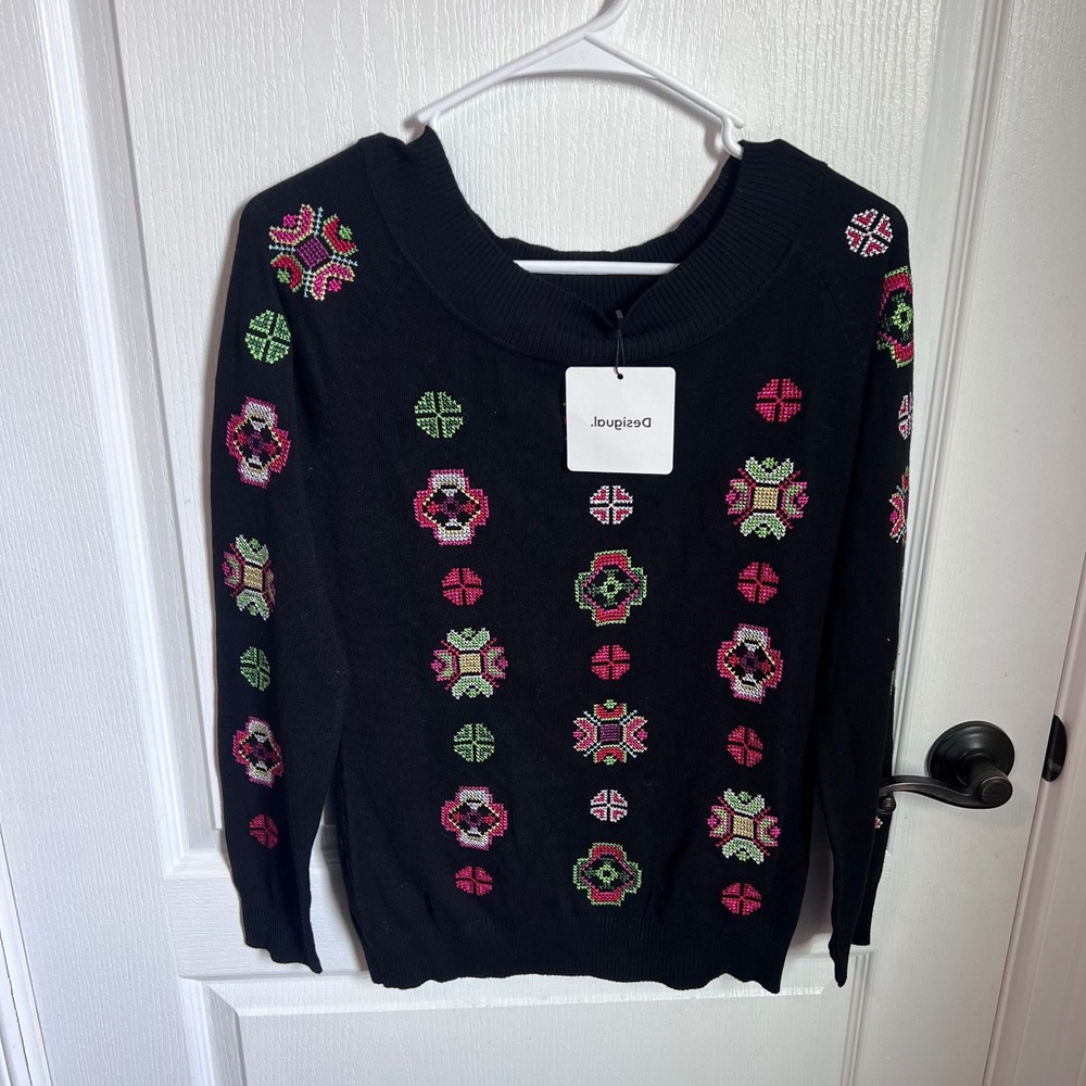 Desigual JERS_MONTERREY Black Embroidered Geometric Knit Sweater Size XXS NWT‎